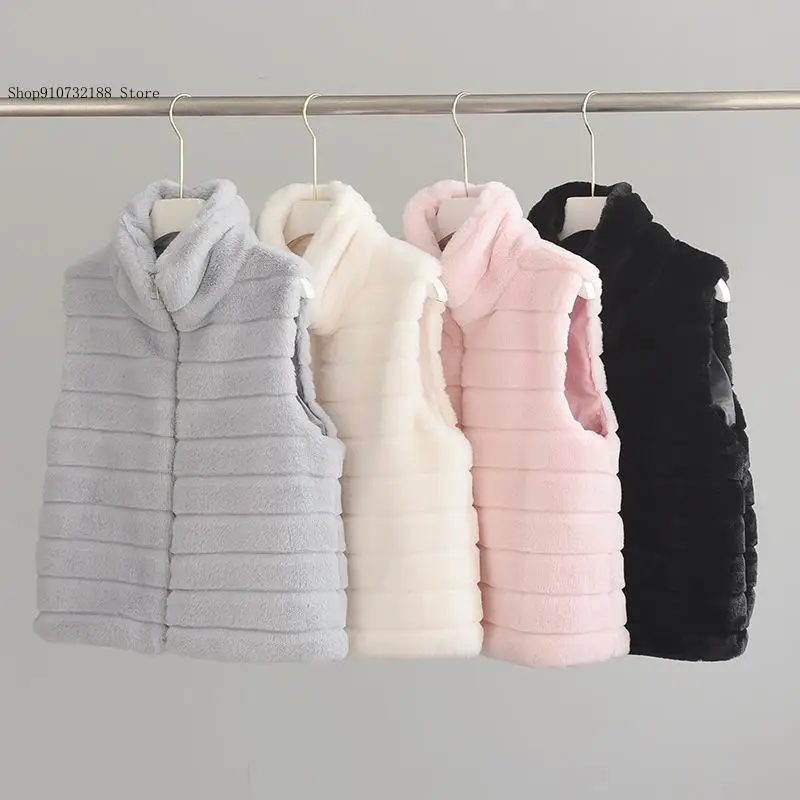 Women\'s Warm Zipper Faux Fur Sleeveless Vest In Pure Color Stand Collar Jacket for Spring and Autumn