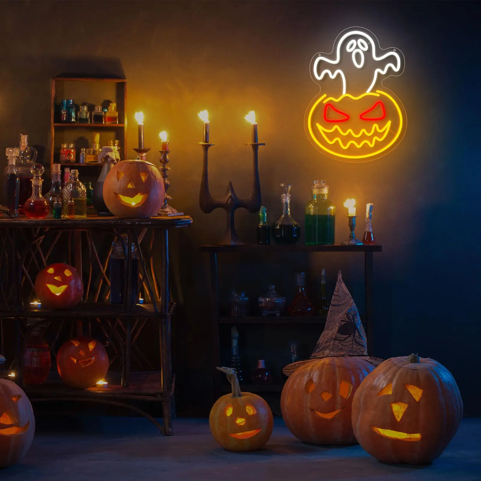 Insegna al neon zucca fantasma di Halloween Luce al neon faccia fantasma Zucca spettrale Insegne luminose al neon LED dimmerabili Insegna a LED con teschio di Halloween