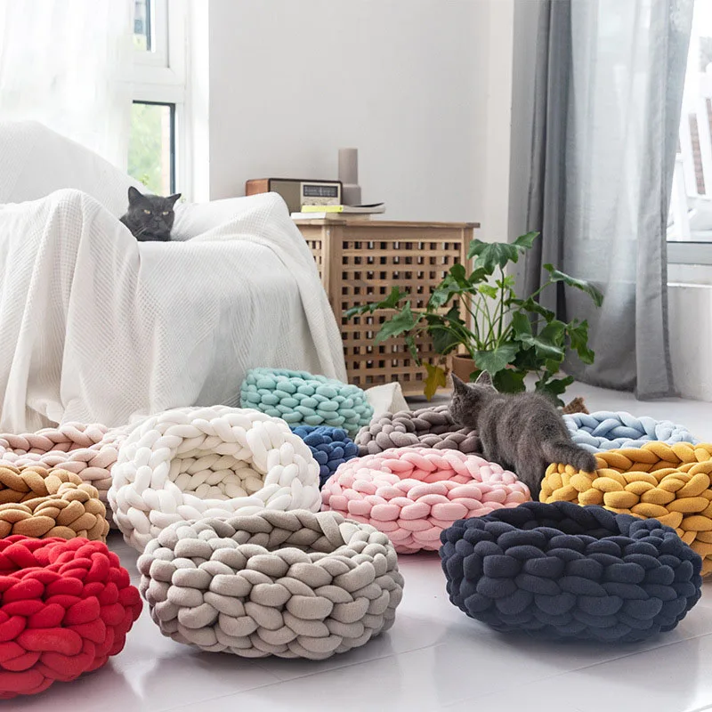 

Handmade Round Cotton Dog Bed House Comfortable Knitted Dog Cats Nest Cat Basket Pet Cushion Mats Soft Sleeping Pets Supplies