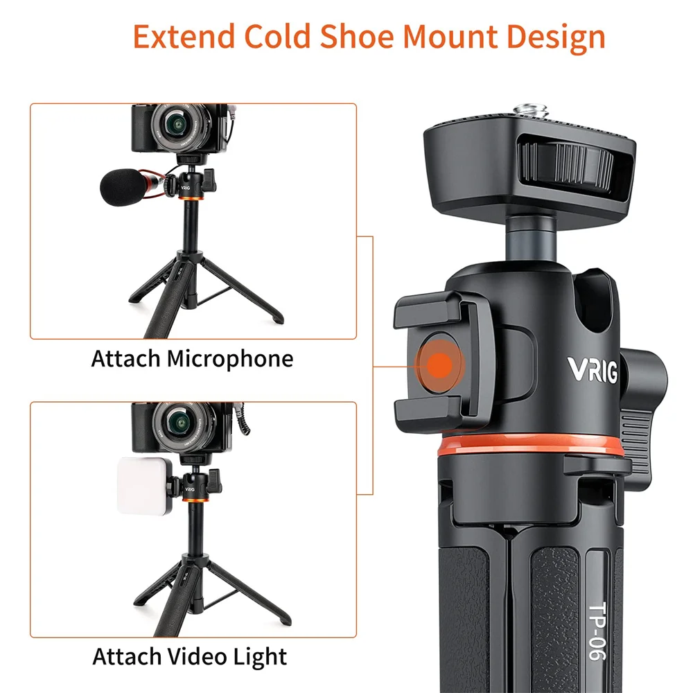 VRIG TP-06 4 Sections Camera Phone Tripod w 360 BallHead Cold Shoe Selfie Stick Tripod Stand for iPhone 15 14 13 12 Phone Camera