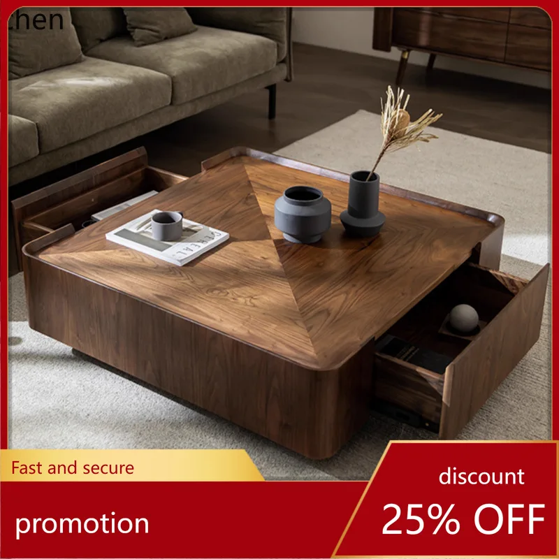 

HXL Black Walnut Coffee Table Square Solid Wood Side Table Living Room Furniture
