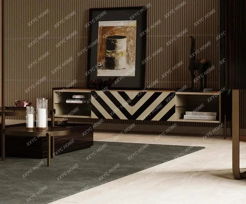A  light luxury living room TV cabinet zebra color matching paint locker