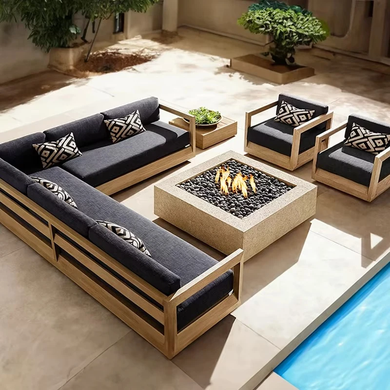 

Luxury Wooden Outdoor Sectional Sofa Set All Weather Teak L-Shape Garden Set Waterproof Furniture Teak Sofa