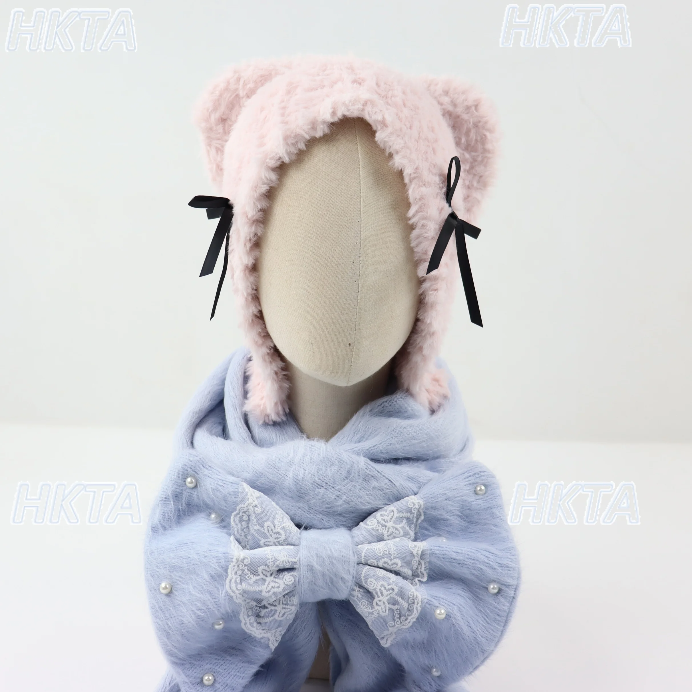 Japanese Style Hat Cat Ears Solid Color Cute Girl Lolita Bow Hats Scarves Women 2025 Winter New Warm Plush Scarf Cap Set Female