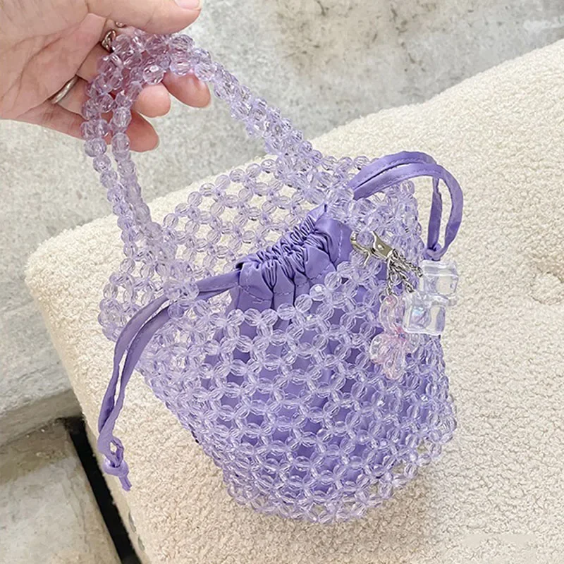 Women Beaded Summer Bag Hollow-out Woven Bead Handbag Small Bucket Bag No Pendant