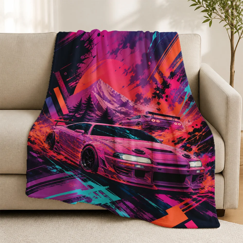Retro Car Art Throw Blanket for Sofa Home Decor Neon Pop Aesthetic Graffiti Style Couch Throw Lowrider Pop Culture Digital Print