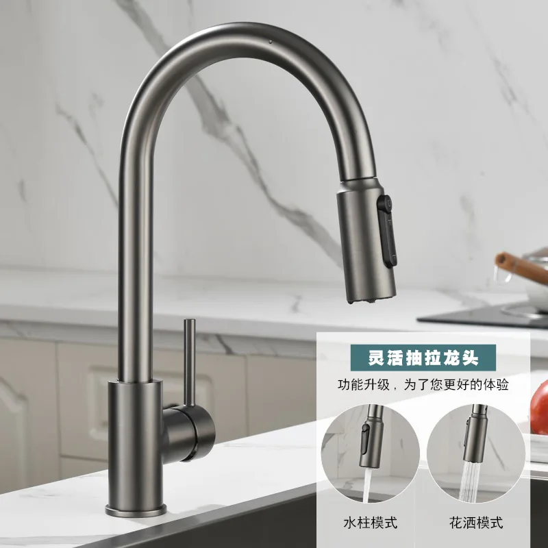 

Deck Mount Kitchen Pull Out Sink Faucet Two Function Rotatable 360° Sink Faucet One Handle Hot and Cold Mixer Tap Gray