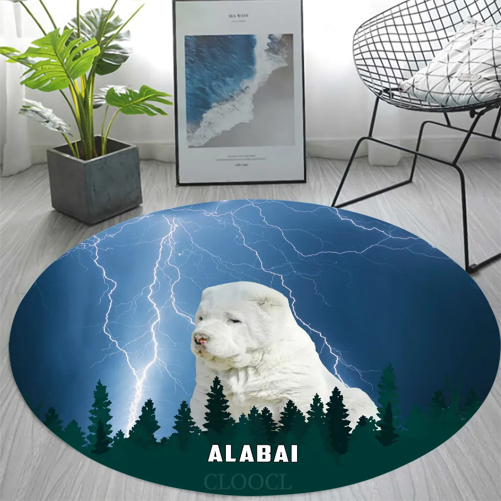 HXFashion Carpet 3D Graphic Funny Alabai Blue Lightning Forest Printed Round Rug Carpets for Living Room Flannel Floor Mat