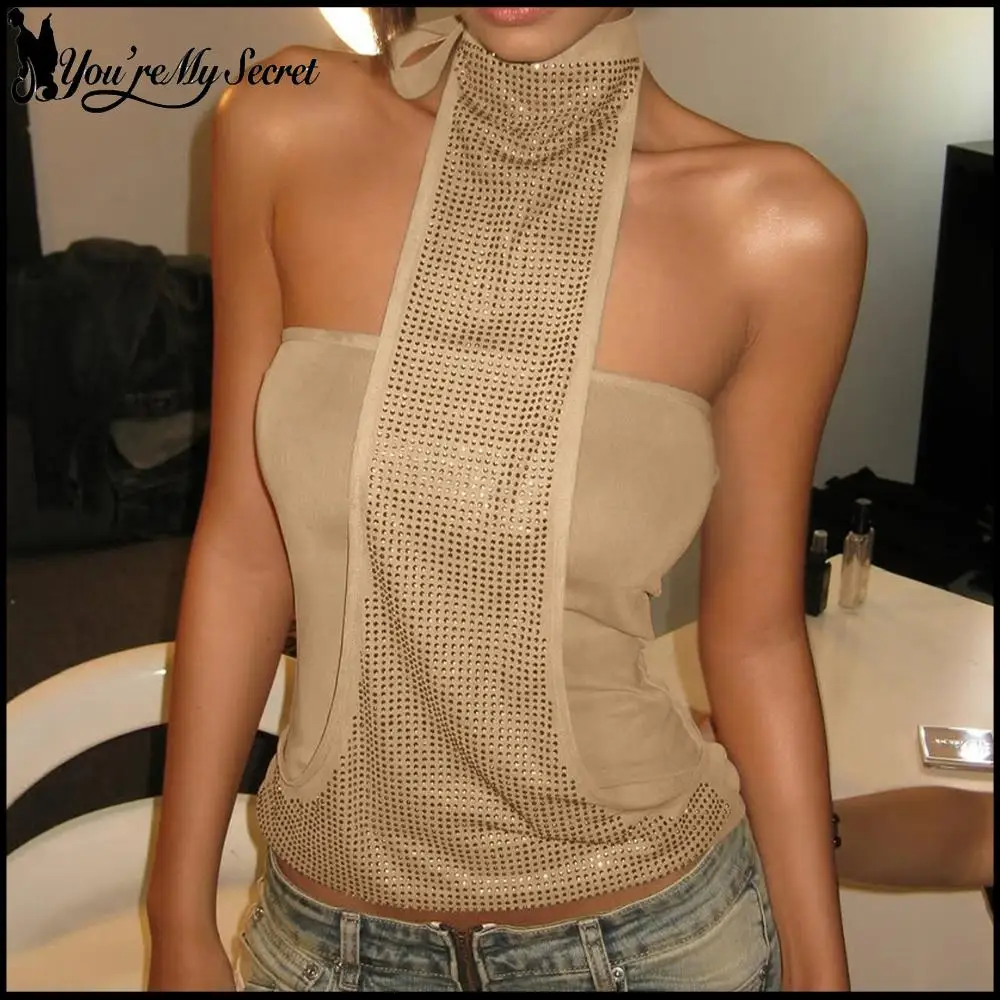 [You're My Secret] Punk Style Halter Black Crop Top Women Sexy Rhinestone Decorations Vest Summer Y2k Sexy Night Out Streetwear