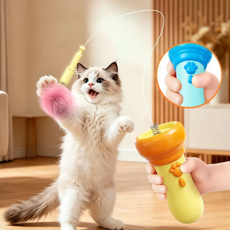 One‑Key Launch Electric Cat Teaser Toy Auto‑Rebound Plush Ball Interactive Cat Wand Toy Hand‑Held Kitten Energy‑Consuming Toy