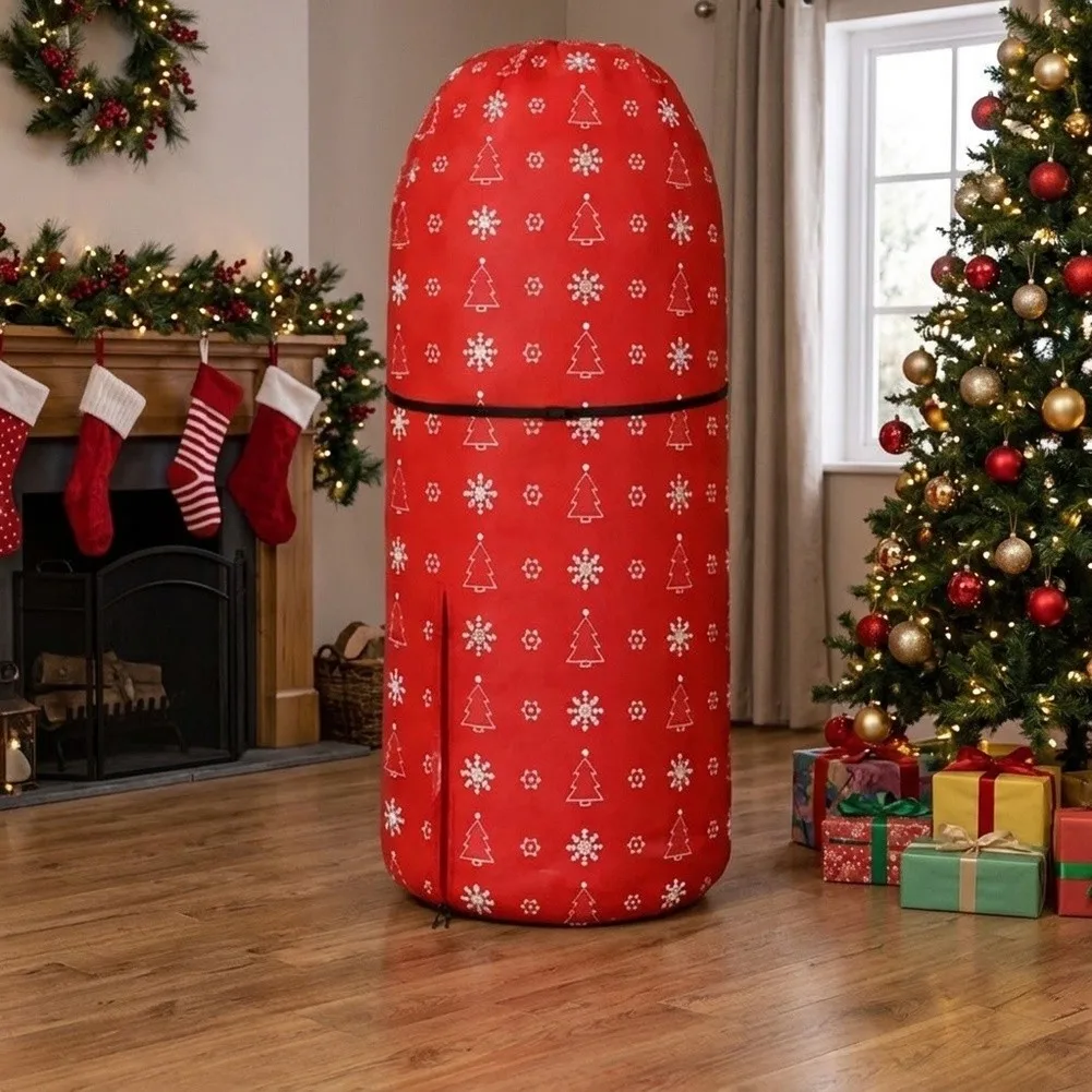 Vertical Christmas Tree Storage Cover with Heavy-Duty Zipper and Tightening Cord for Seasonal Decoration Organization