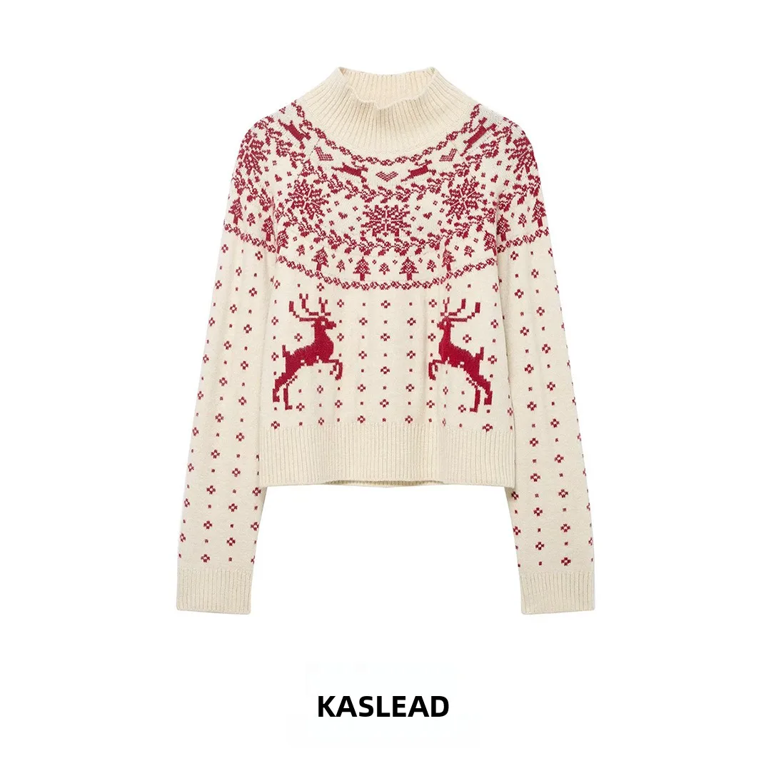 

KASLEAD Faionable Cisas Motif Knitted Sweater Women's Loose Fit Long Sve Polyester Fiber Cisas Gift for Her