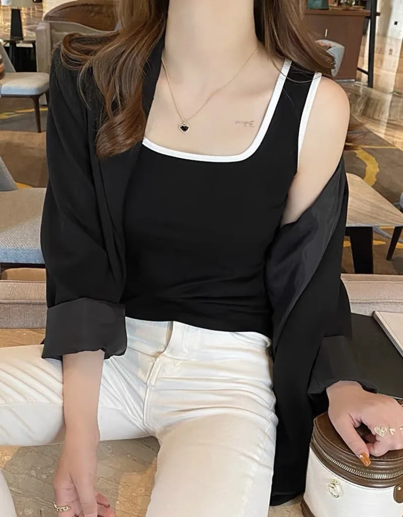 Cute Lovely Women's Tank Top Wide-strap Color-block Ladies' Vest Fixed Chest Pads Worn Inside Outer-layer Camisole Girls Vests