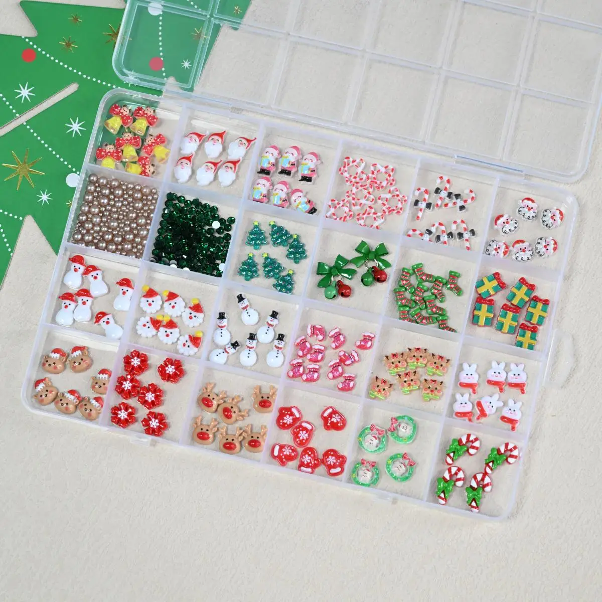 1Box Christmas Nail Art Charms Santa Snowman Reindeer Tree Gingerbread Man Nail Ornaments Candy Cane Hat Bell Bow DIY Nail Decor
