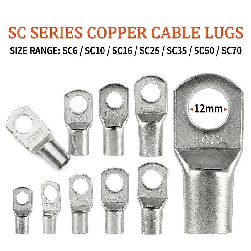 SC Nose Terminal Bare Copper Wire Lugs SC6 SC10 SC16 SC25 Ring Cable Crimp Connectors for 5/6/8/10/12mm² Electrical Power Wiring