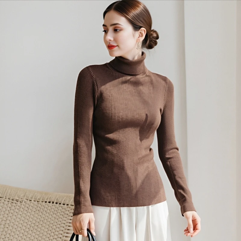 

Elegant Slim Fit Solid Turtleneck Women's Knitted Pullover Sweater Autumn and Winter New Simple Long Sleeved Versatile Base Tops