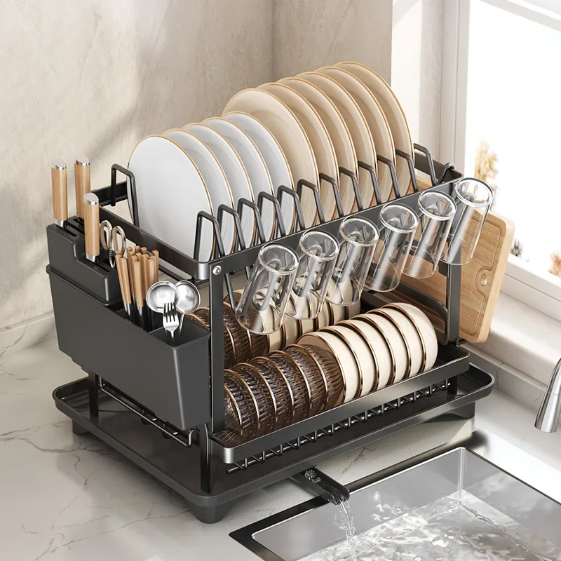 

Modern Double-tier Space-saving Non-folding Floor Type Carbon Steel Dish Rack Anti-rust Tableware Sink Multi-functional Bowl