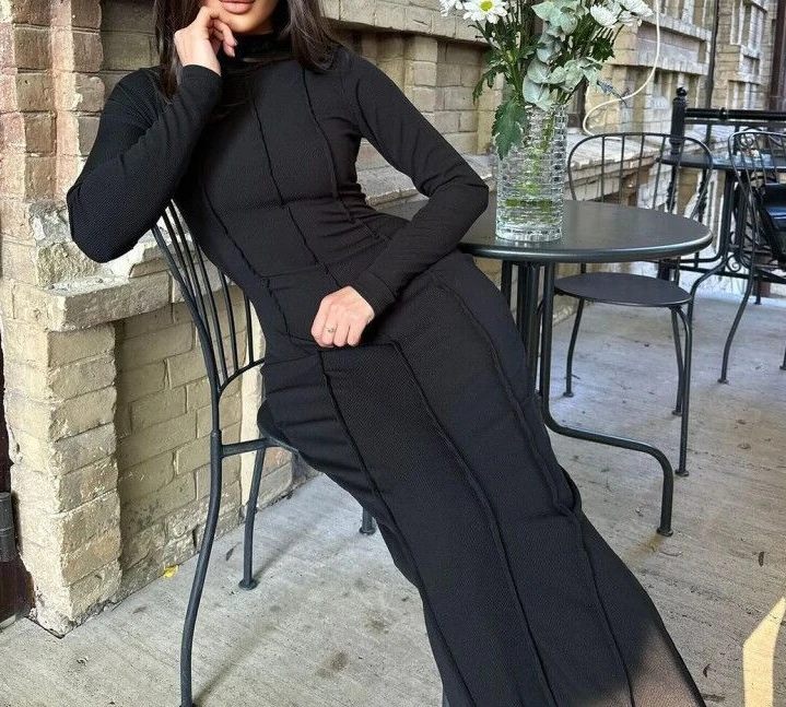 Women's Dress Elegant Trendy Pullover Solid Color Mock Neck Long Sleeve Quilted Long Sleeve Bodycon Slit Maxi One Step Dress