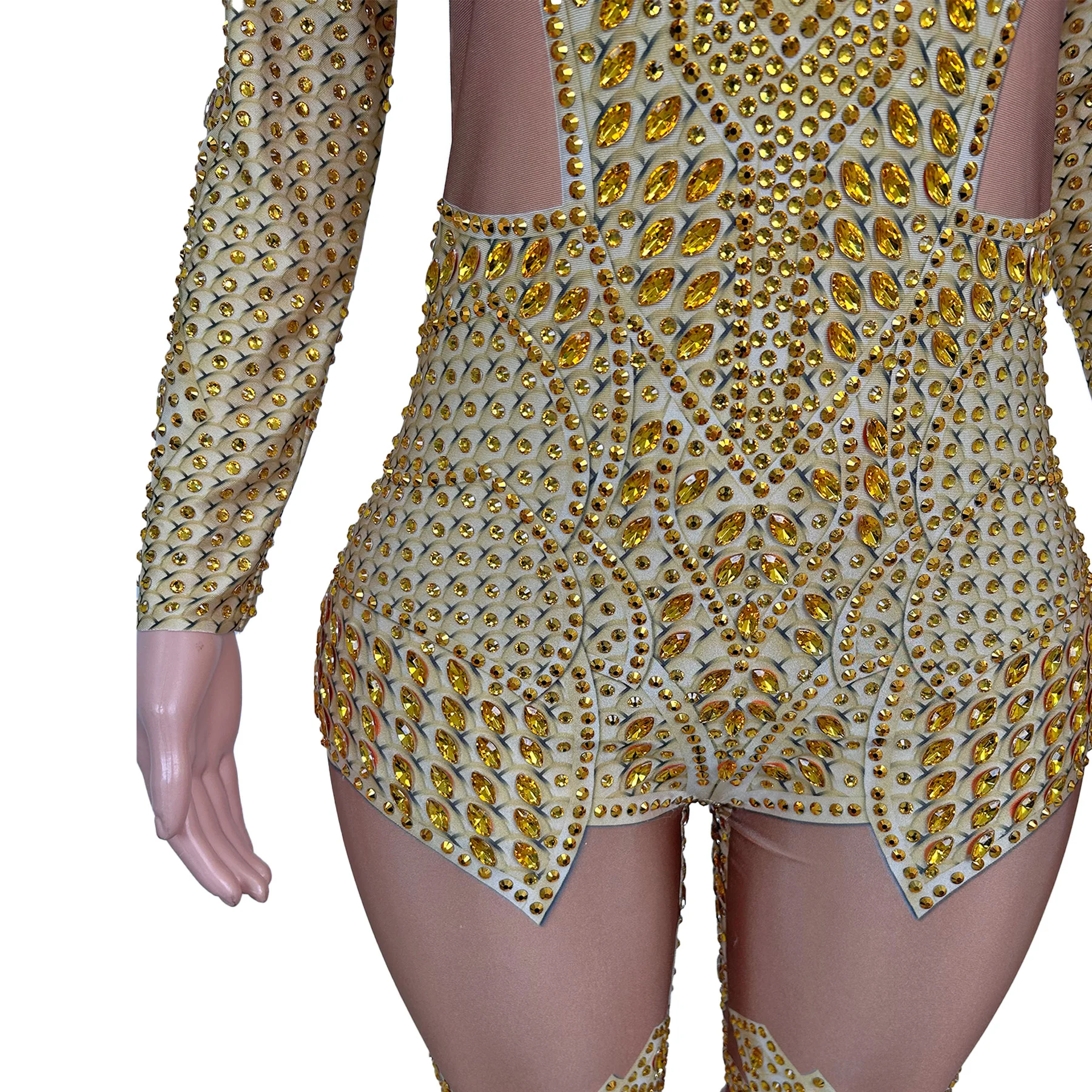 Shengdoushi Sprankelende Gouden Strass Jumpsuit Hoge Elasticiteit Strakke Broek Bar Prestaties Outfit Kerstmis Nieuwjaar Prom Jassen