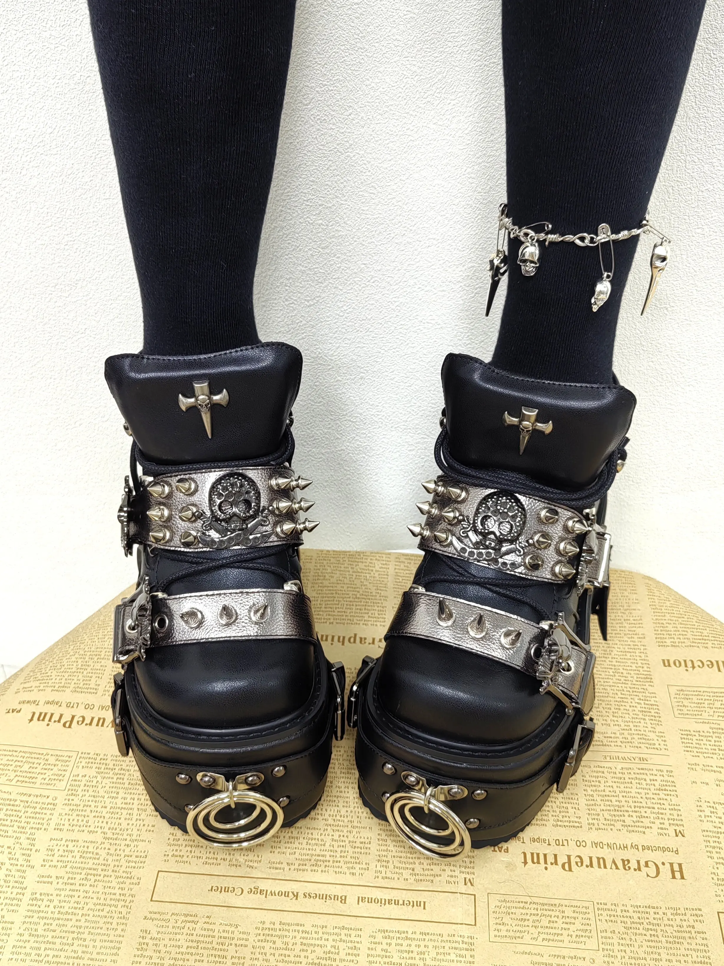 Women's Gothic Punk Black Platform Ankle Boots With Multi Buckle Studded Cross Details Heavy-duty Style Lolita Retro Girl Shoes