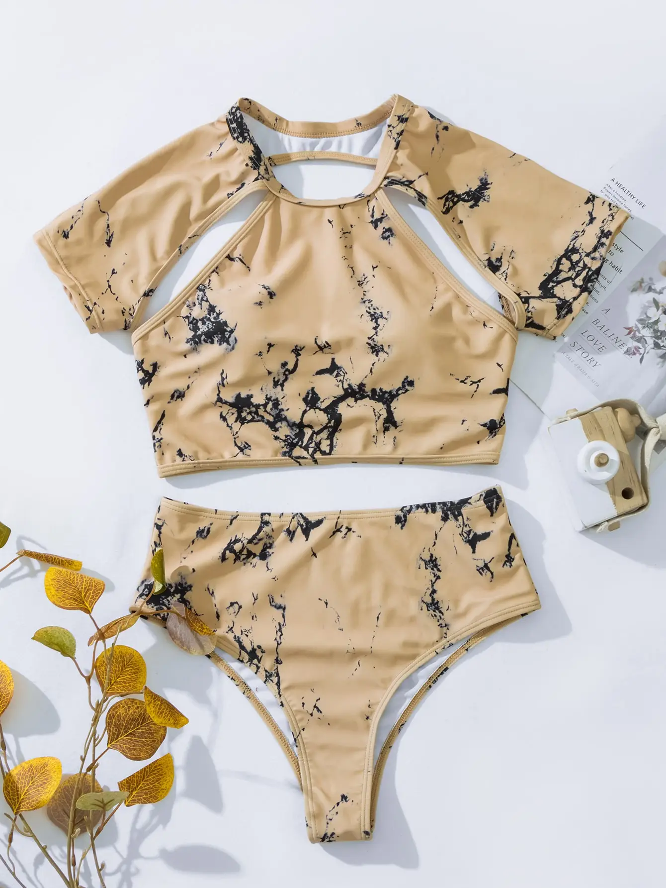 2026 Marble Print Bikinis Women High Neck Swimsuit High Waist Swimwear Female Bathers Bathing Swimming Suit Summer Beachwear