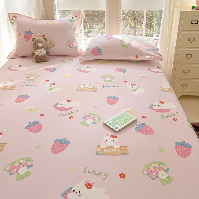 Set di lenzuola con angoli in cartone animato con coniglio, lenzuolo floreale botanico con 2 federe, lenzuolo in cotone Kawaii per l'arredamento della camera da letto delle ragazze e degli adolescenti