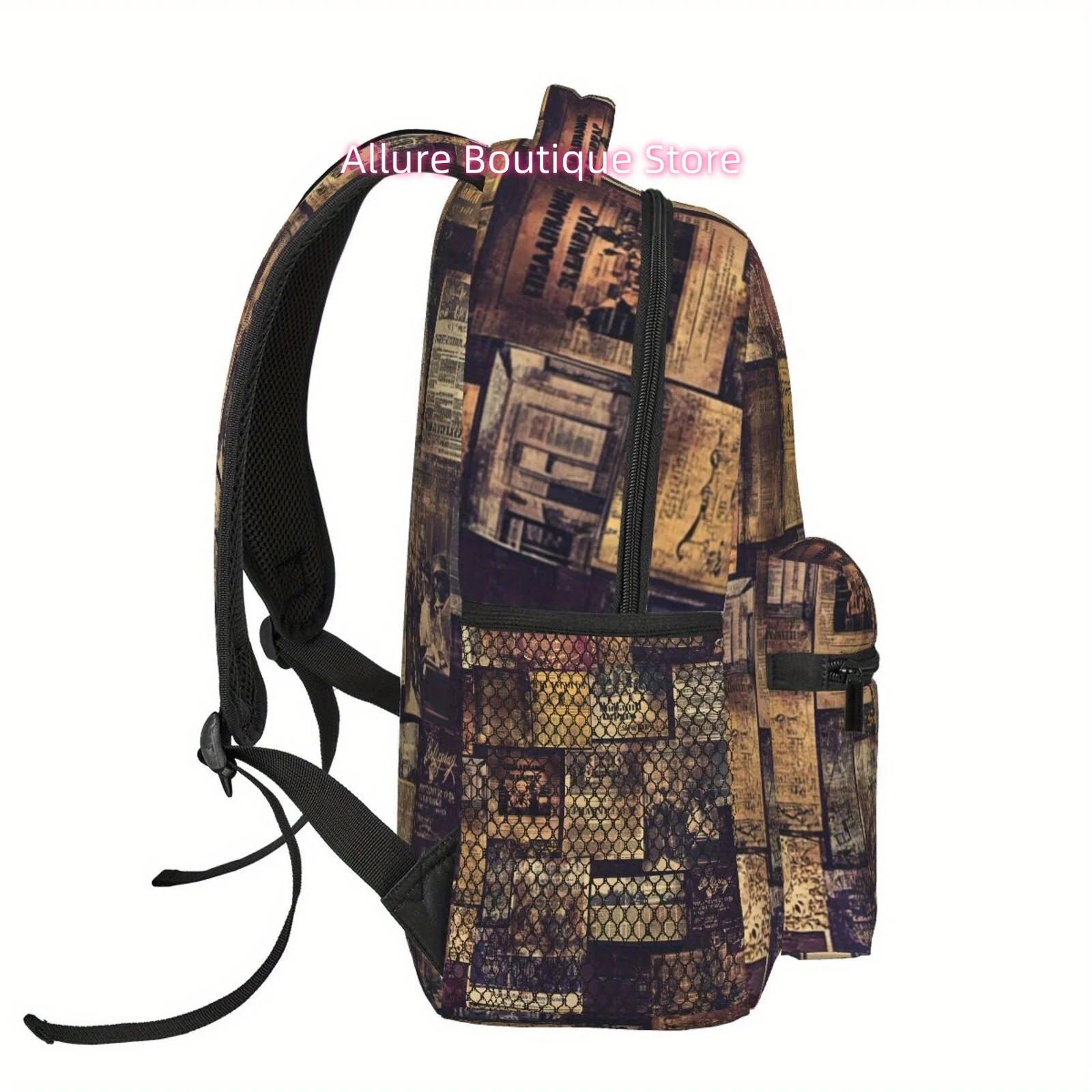 A Versatile And Stylish Casual Backpack Featuring Vibrant Prints of Vintage Newspaper Designs, This Lightweight Bag Is Perfect f