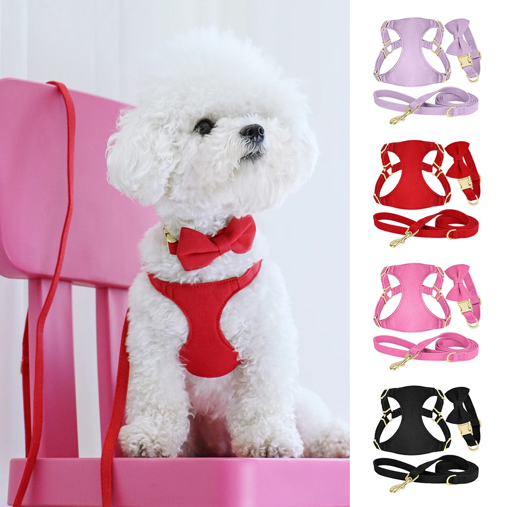 

Bowtie Dog Collar Harness Leash Set Durable Nylon Dog Vest Soft Pet Harness Collar Walking Lead For Small Medium Dogs Chihuahua