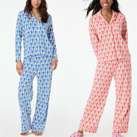 Summer Pajamas For Women Preppy Monkey Pyjama Trousers Set 2 Pcs Sleepwear Cartoon Pattern Lapel Collar Button Down Nightwear