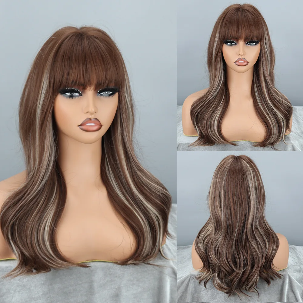 

European and American fashion wig Qi bangs brown gold highlights long big wave mechanism wig headgear