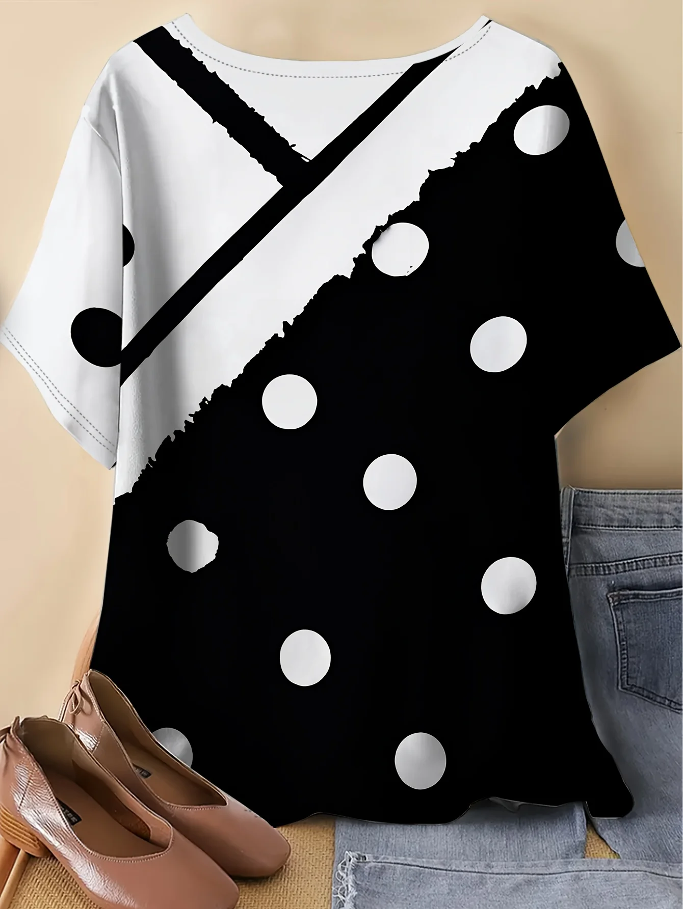 Women Round Neck Short Sleeve T‑shirt Black White Polka Dot Splice Brush Stroke Print Loose Casual Daily Tee Top Women's Clothes