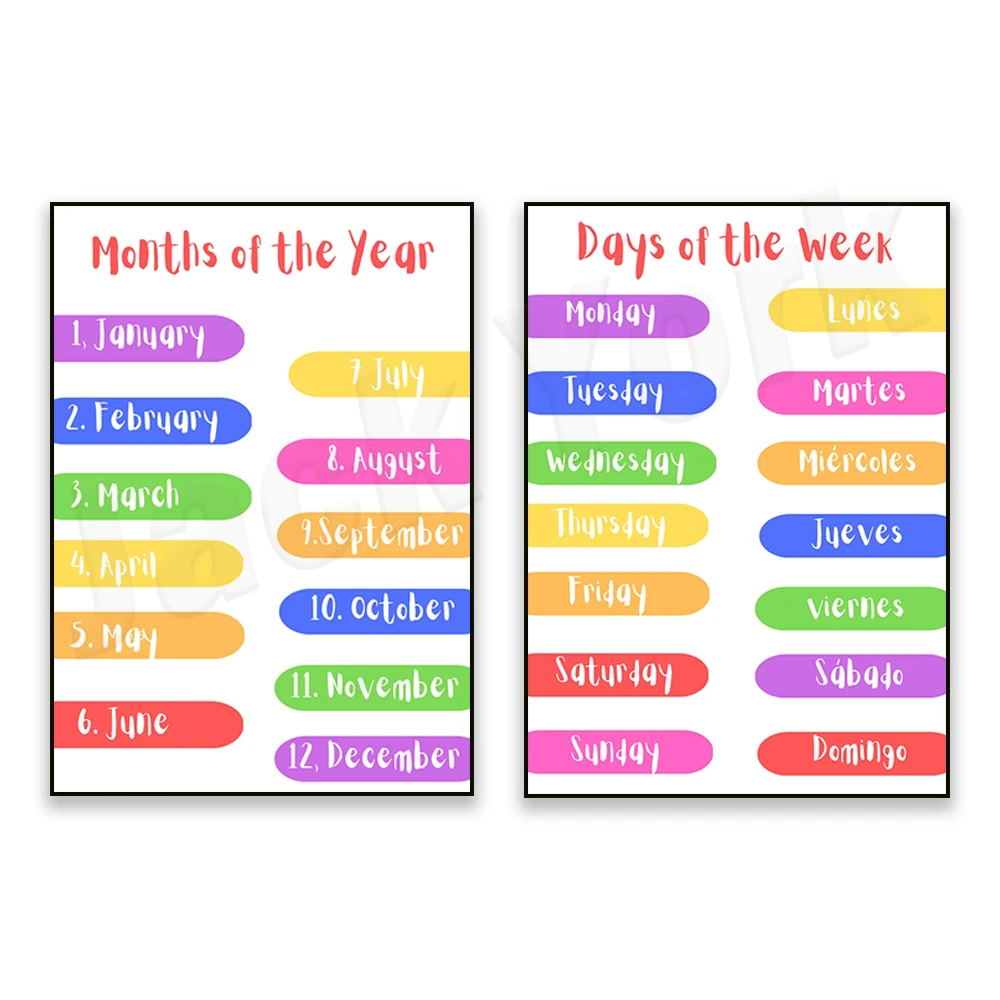 

Days of the week posters, months of the year posters, homeschool posters, classroom education posters in English and Spanish