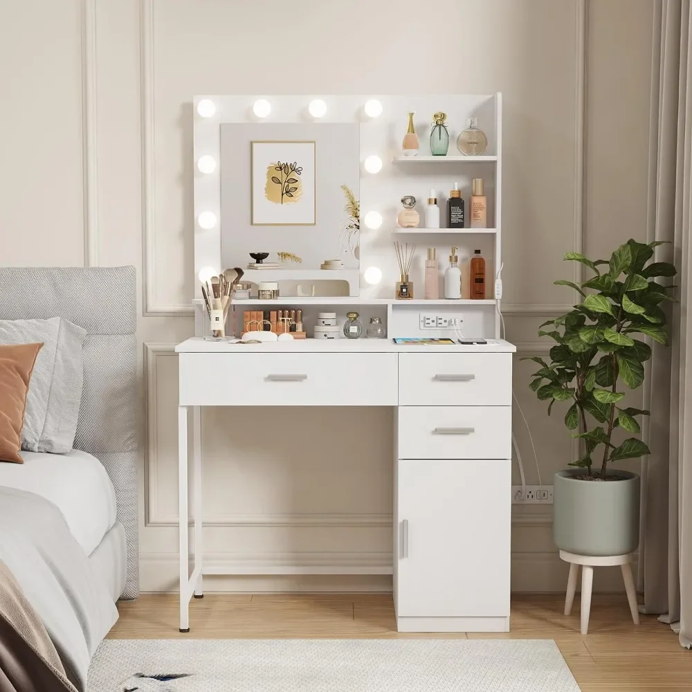 

Vanity Desk with Power Outlet, White Makeup Dressing Table with Mirror and Lights, 3 Lighting Modes Adjustable Brightnes