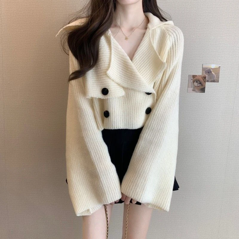 Chic Lapel Long Sleeved Sweater For Women 2024 Autumn Winter Short Knitted Cardigan Fashionable Versatile Solid Color Loose Tops