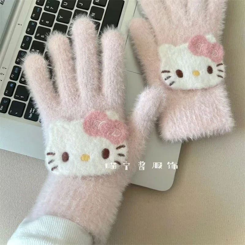 

Sanrio Hello Kitty Winter Gloves Women Soft Warmth Luxury Solid Color Knitted Five Finger Gloves Outdoors Mittens Christmas Gift