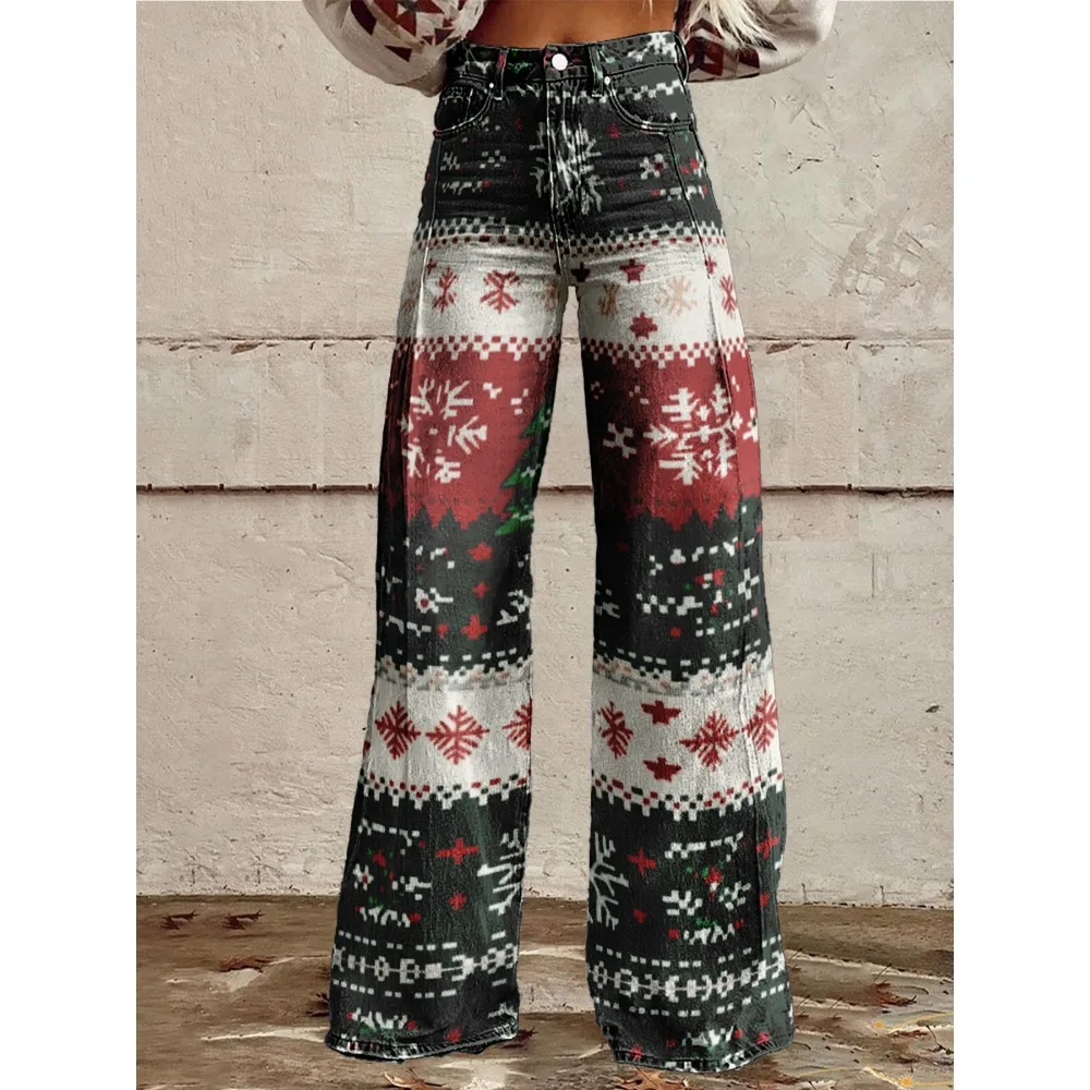 

Широкие брюки с рождественским принтом, женские винтажные брюки с высокой талией и геометрическим узором снежинки, праздничные брюки для вечеринок, большие размеры