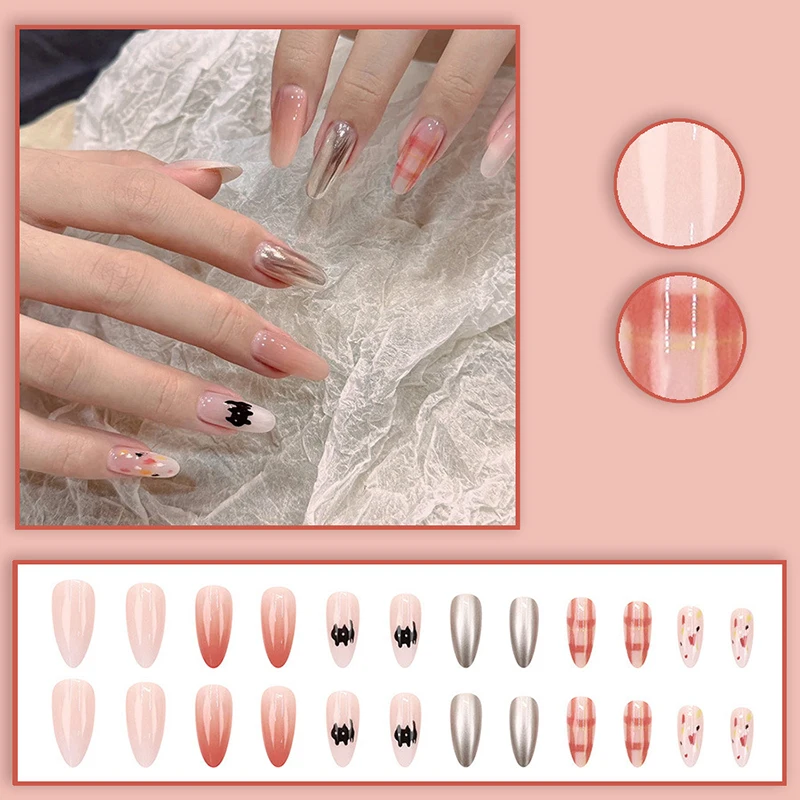 

24 шт., накладные ногти в клетку, накладные ногти с изображением кота, глянцевые искусственные пальчики, маникюр, многоразовые накладные ногти, дизайн ногтей