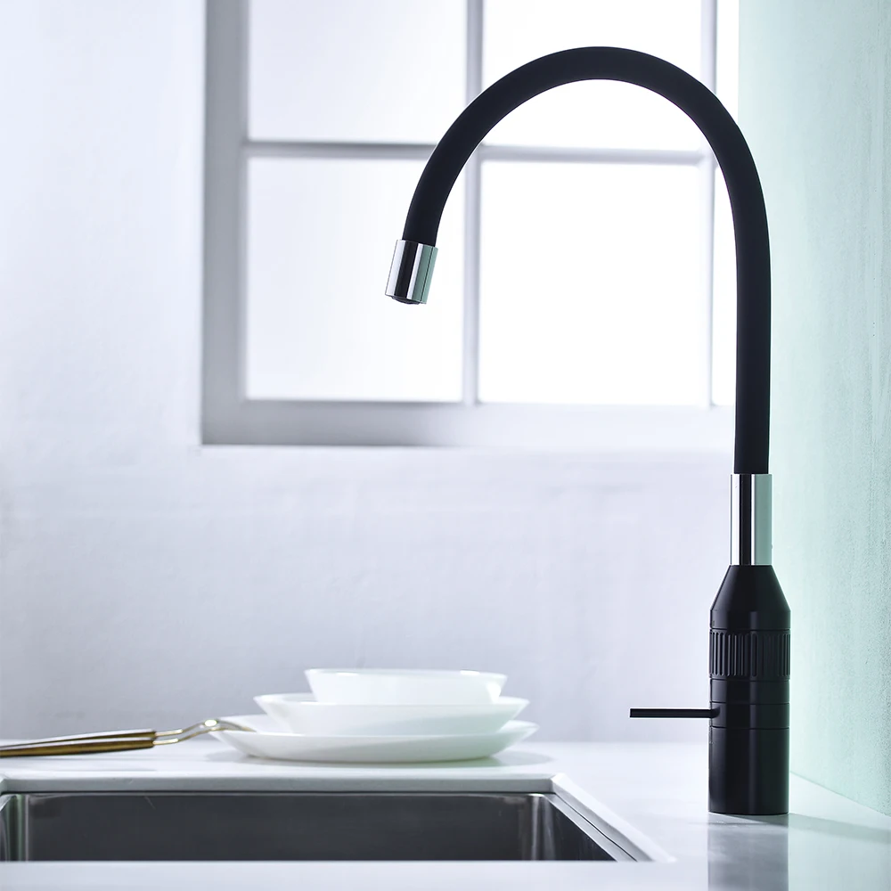 

High Quality Restaurant Countertop Brass Black Rotation Flexible Silicon Spout Sink Mixer Water Tap Kitchen Faucet