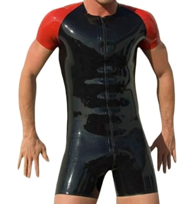 

Latex/Rubber/Fetish/Catsuit/Costume/Masquerade/sexy/partyBlack-Red-Short-Sleeves-Men-s-Latex-Bodysuit-