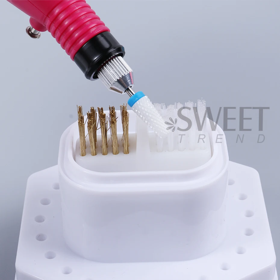 Caixa de armazenamento de brocas de unhas com 24 furos, com escova de limpeza, suporte de cabeça de moagem, organizador, acessórios de manicure, ferramenta