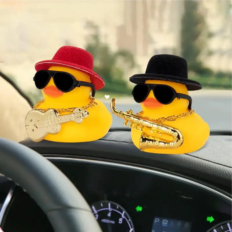 Duck For Car Squeak Rubber Ducks Car Ornaments Car Dashboard Duck Decoration With Hat Musical Instrument Necklace Sunglasses For