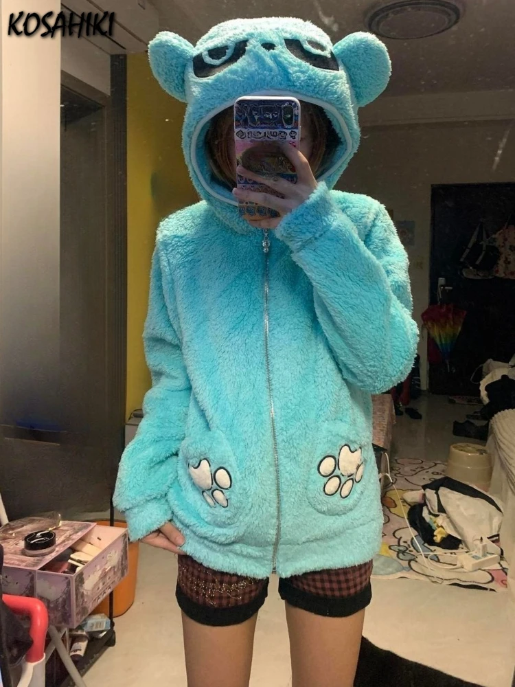 

Японские пушистые женские куртки с капюшоном с медвежьими ушками Y2k, эстетические повседневные свободные топы на молнии в стиле гранж, теплое пальто в стиле Харадзюку в стиле гранж