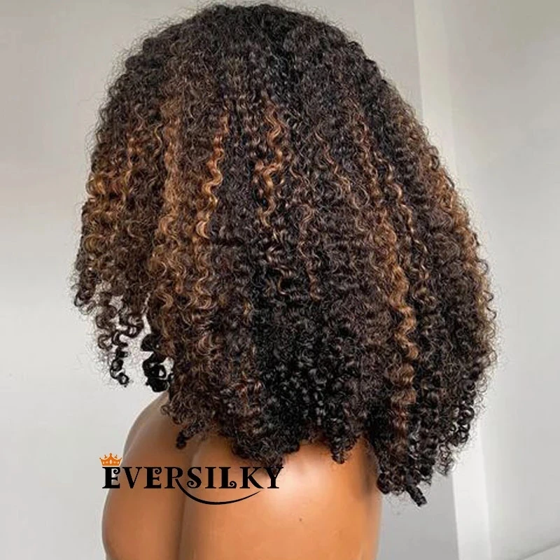 Ombre Brown Afro Kinky Curly V Part Wigs Unprocesse 100% Human Hair Highligh Blonde Water Wave Middle/Side Open U Shape Full End