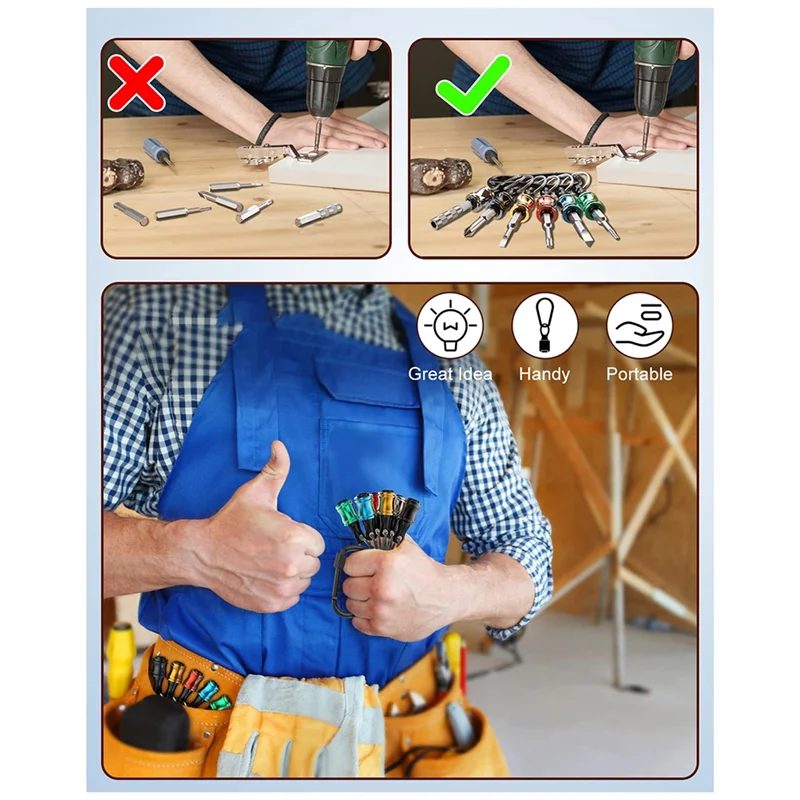 

A53Q-24Piece Bit Holder Keychain 14 Pcs And 6Pcs 1/4 Inch Hexagon Screwdriver Bits Retainer W/Black Carabiner Portable Metal