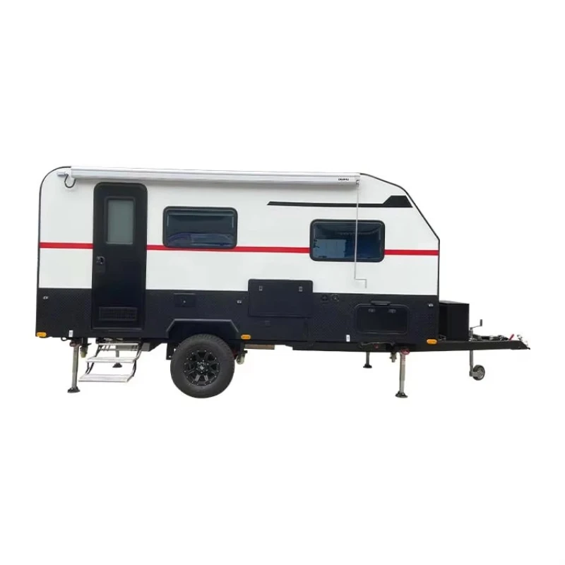 Remolque de viaje compacto para camper de tamaño familiar con literas plegables y ducha al aire libre para acampar en grupo