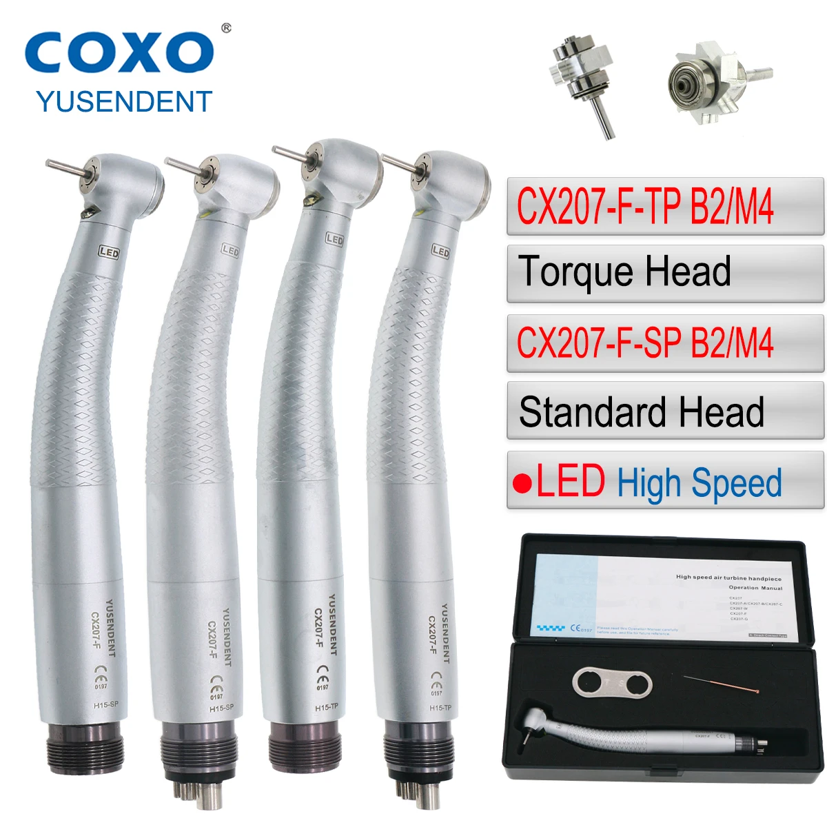 

COXO High Speed Handpiece CX207 2/4 Hole Dental Turbine LED Handpiece E Generator Standard Torque Head Air Turbine Coupler