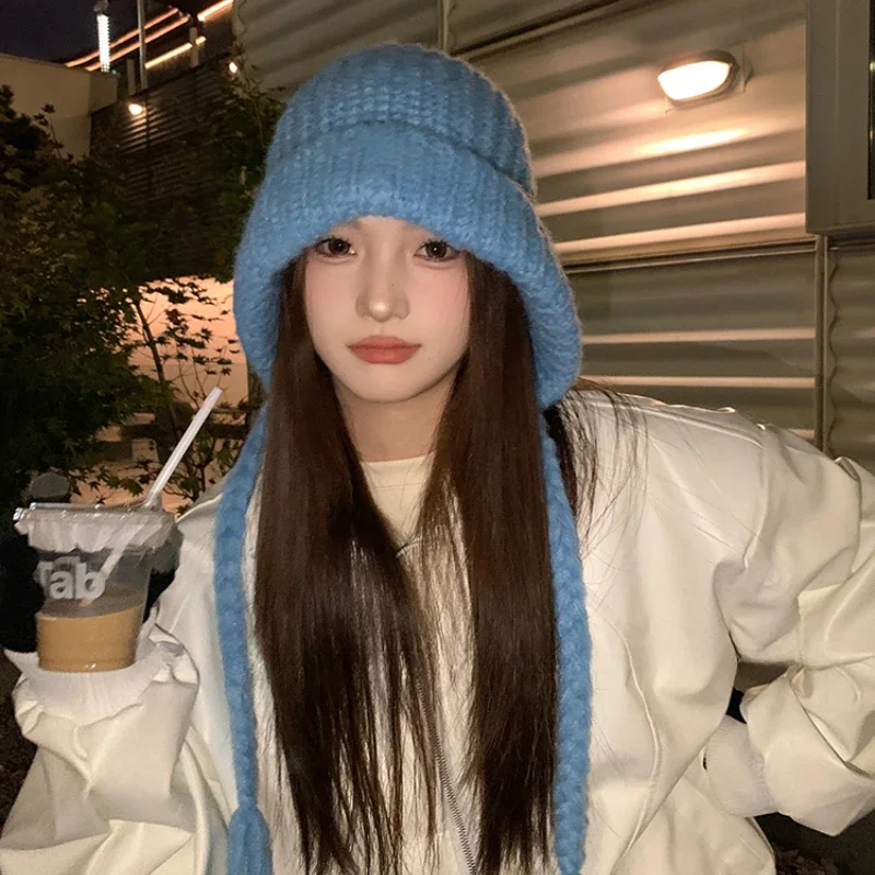 Korean Version Simple Blue Strap Beanies Cap for Women Autumn and Winter Casual Versatile Thermal Ear Protection Pullover Hat