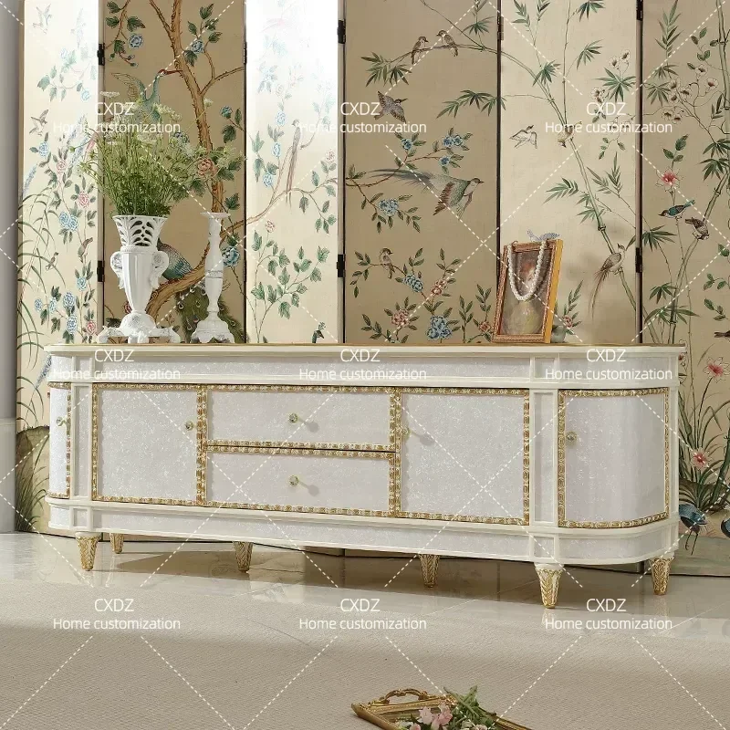 2M Solid Wood TV Cabinet with Inlaid Shell Design High End Luxury Floor Storage Locker for Living Room Customizable