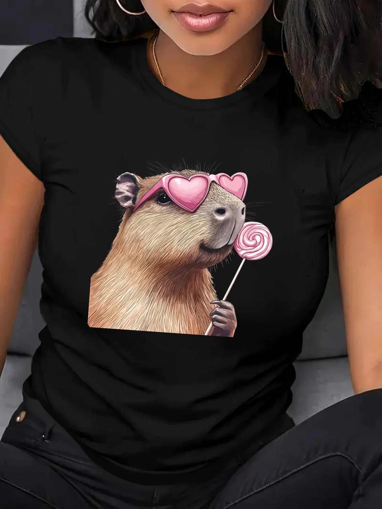 New Capibala Love Pattern Women's T-shirt Summer Edition Round Neck Versatile Short Sleeve Comfortable  Casual and Soft