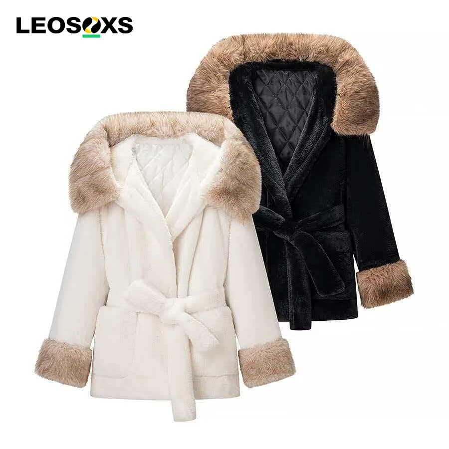 

2026 Sprin Women's Bomber Jacket Hooded Faux Fur Collar Lace Up Winter Coats Long Sleeve Furry Warm Coat Fashion Lady Outerwears